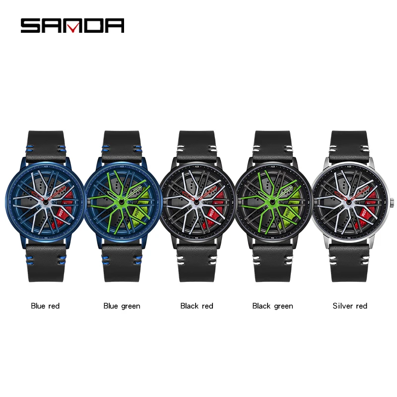 SANDA P1107 Luxury Fashion Car Wheel Watches leather Waterproof Watch for Men Sport Casual Quartz Wristwatch Relogio Masculino