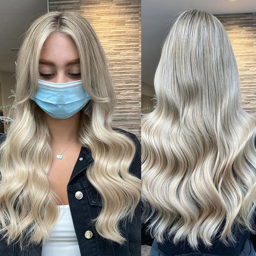 

Синтетический парик с волнистыми волосами, 24 дюйма, с кремово-русыми прядями и балаяжем, темные корни, 13x4, с кружевной передней частью, для женщин