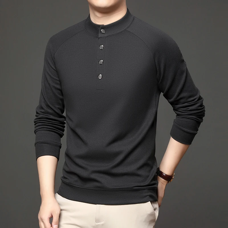 2025 가을 겨울 남성용 중국 스타일 스탠딩 칼라 후드티 신형 헨리 칼라 긴팔 티셔츠 다용도 베이스 셔츠