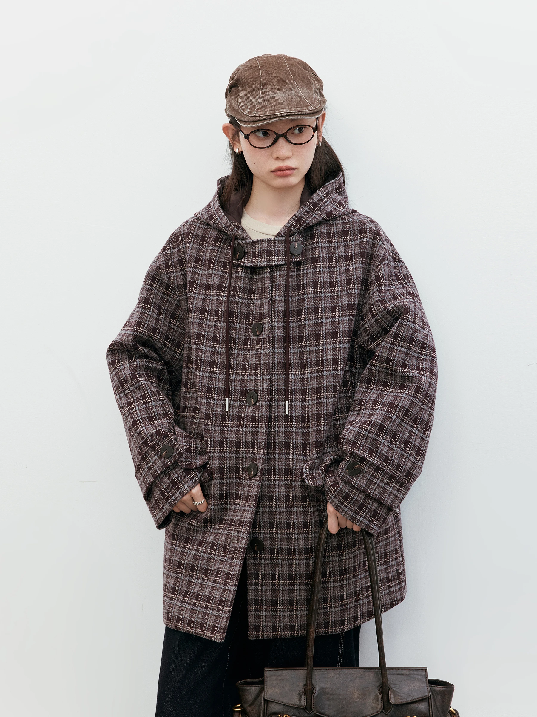 

Повседневное шерстяное пальто CHICVEN с капюшоном, свободного кроя, в клетку, на пуговицах, средней длины, женская теплая верхняя одежда