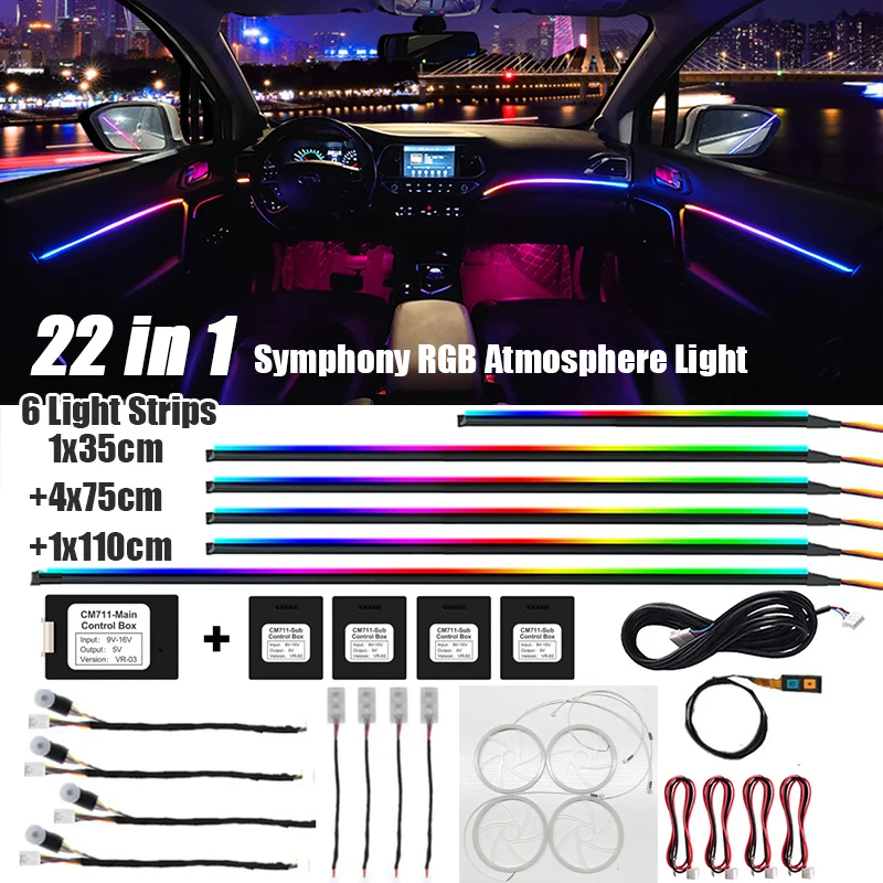 

22 IN 1 Universal Car Interior Ambient Light Strip RGB LED Symphony Atmosphere Light Dashboard Door Decoration with App Control