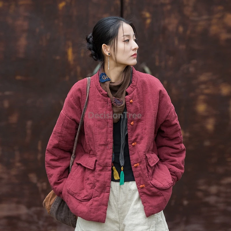 

Универсальное хлопковое льняное пальто в китайском стиле в стиле ретро 2025, улучшенное пальто с пряжкой в виде диска, воротник-стойка, костюм Тан, утепленная теплая куртка h004