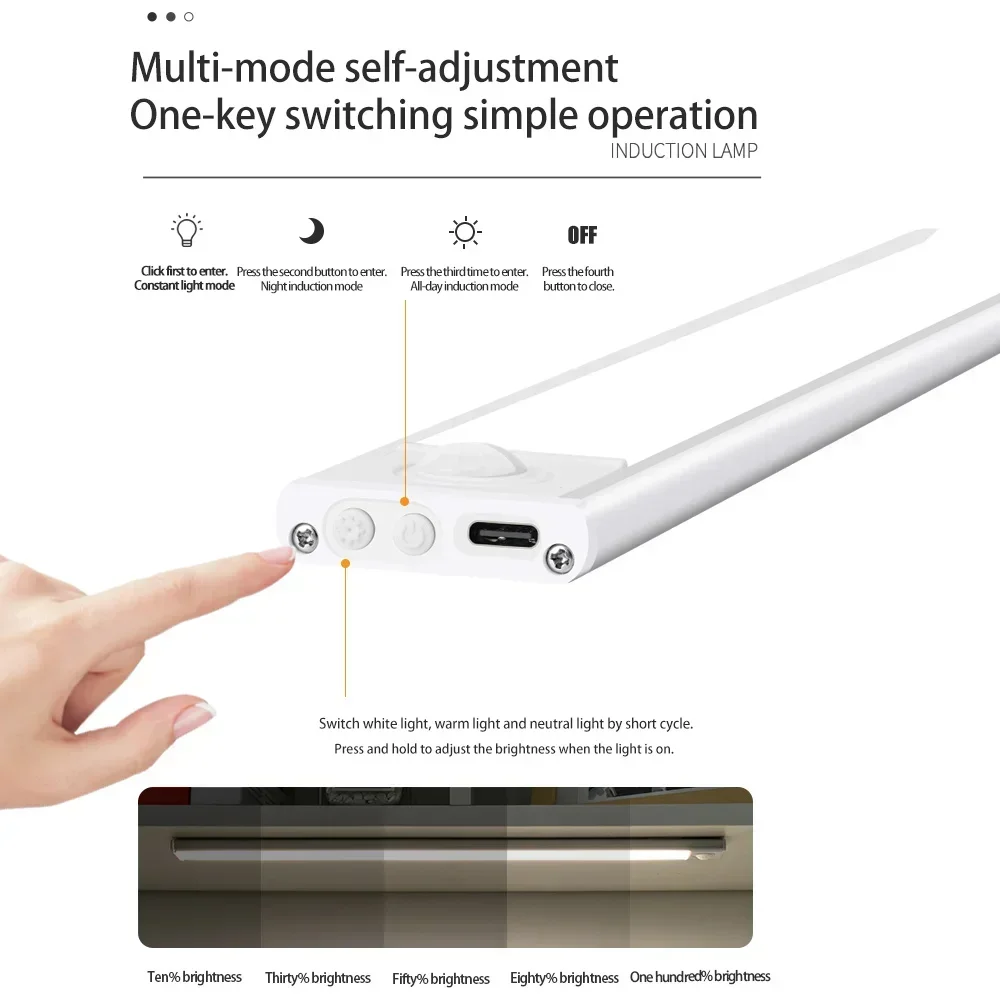 Veilleuse LED avec capteur de mouvement sans fil, USB, lampe pour armoire, cuisine, chambre à coucher, 20 cm, 30 cm, 40 cm, 60cm