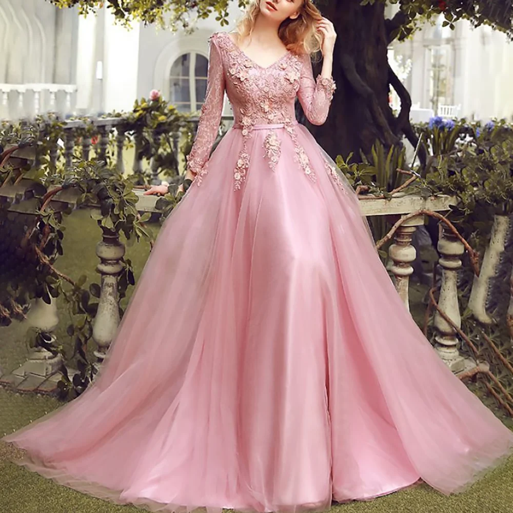 Pink Heart Neck Evening Dresses For Women Sweet Tender Lace Applique Full Sleeves Backless Formal Dinner Party Cocktail Costume