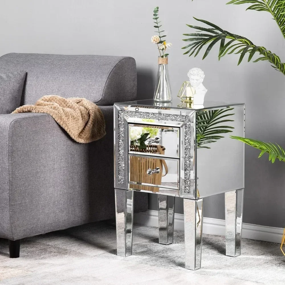 Mirrored Nightstand Set of 2 Silver Glass Sofa/Couch Side Tables Bedroom End Tables with Storage, 24.8 inch Tall