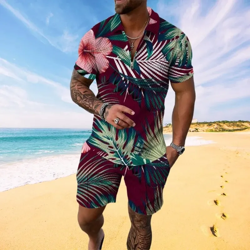 2023 New Floral Plant Pattern 3D Print Summer Men's Sweatsuit Set Casual Zipper Collar Polo Shirt And Shorts 2pcs Sets Tracksuit