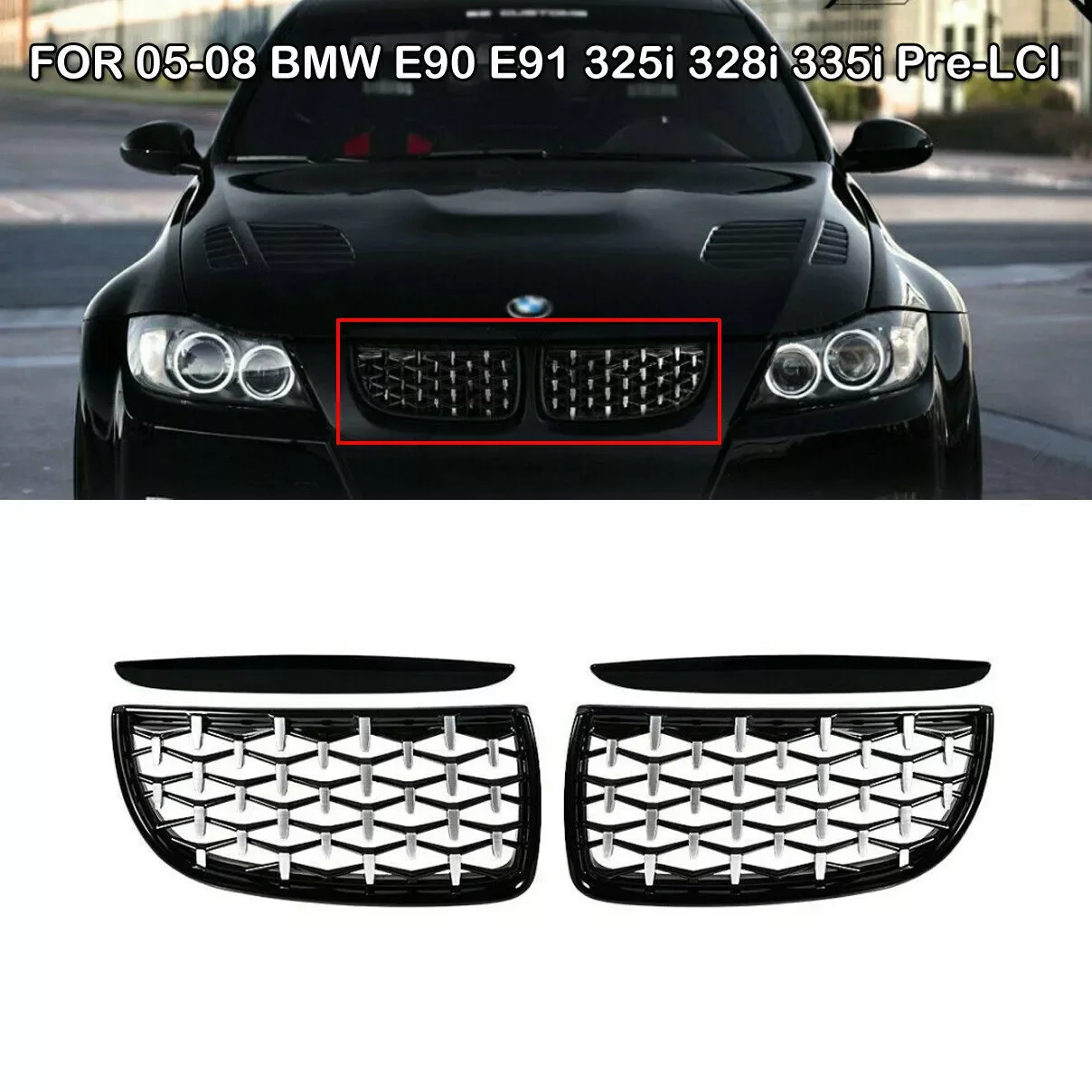 Diamond Kidney Grille Accessories Portable Car Chrome Plated For Bmw 3 Series E90 E91 2005-2008 Meteor Semi-plated Middle Mesh