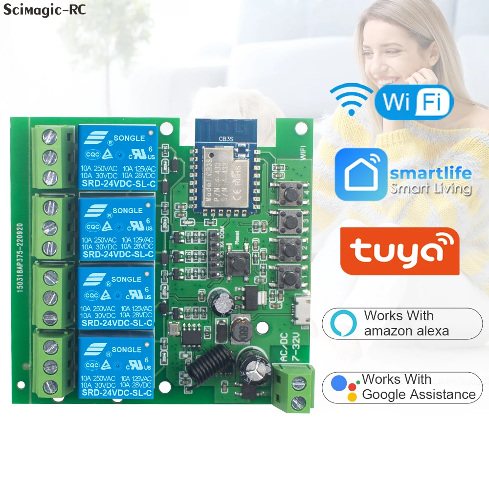 12V 24V 220V Tuya Smart Wifi Motor Switch Module,RF433 Radio Remote Control,4 Channel Inching Relay,Alexa GoogleHome Alice