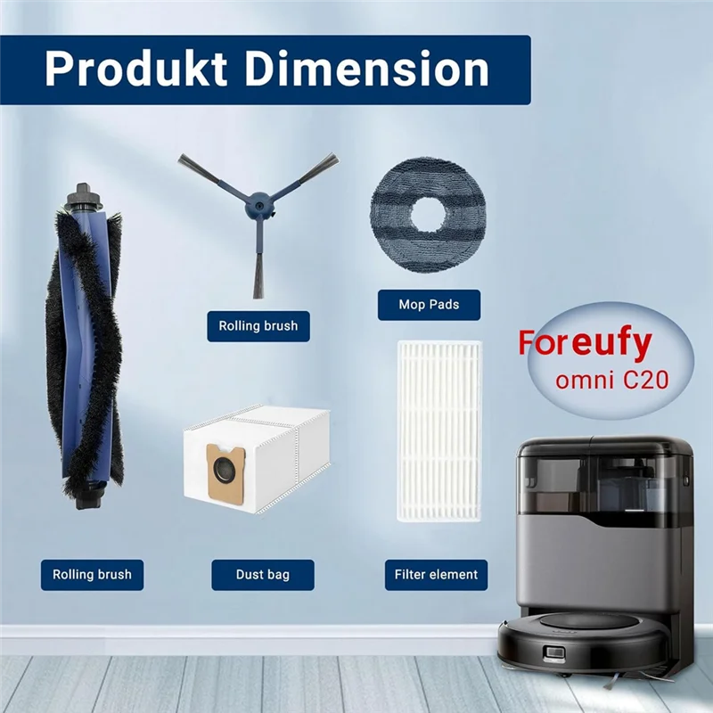AB43-Für Eufy Omni C20 Ersatzzubehör-Set, Hauptseitenbürste, HEPA-Filter, Wischtuch-Staubbeutel