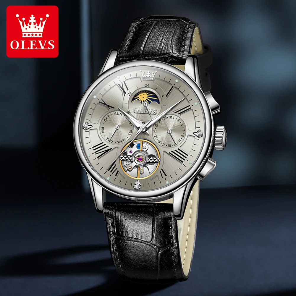 

100% оригинальные мужские часы OLEVS 9912, кожаный ремешок, римская шкала, скелетон, маховик, фаза Луны, автоматические механические часы для мужчин