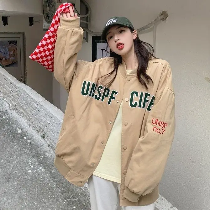 

Baseball Uniform Jacket Women 2024 Autumn New Retro Korean Version Versatile Harajuku Style Loose Slim Long-Sleeved Top