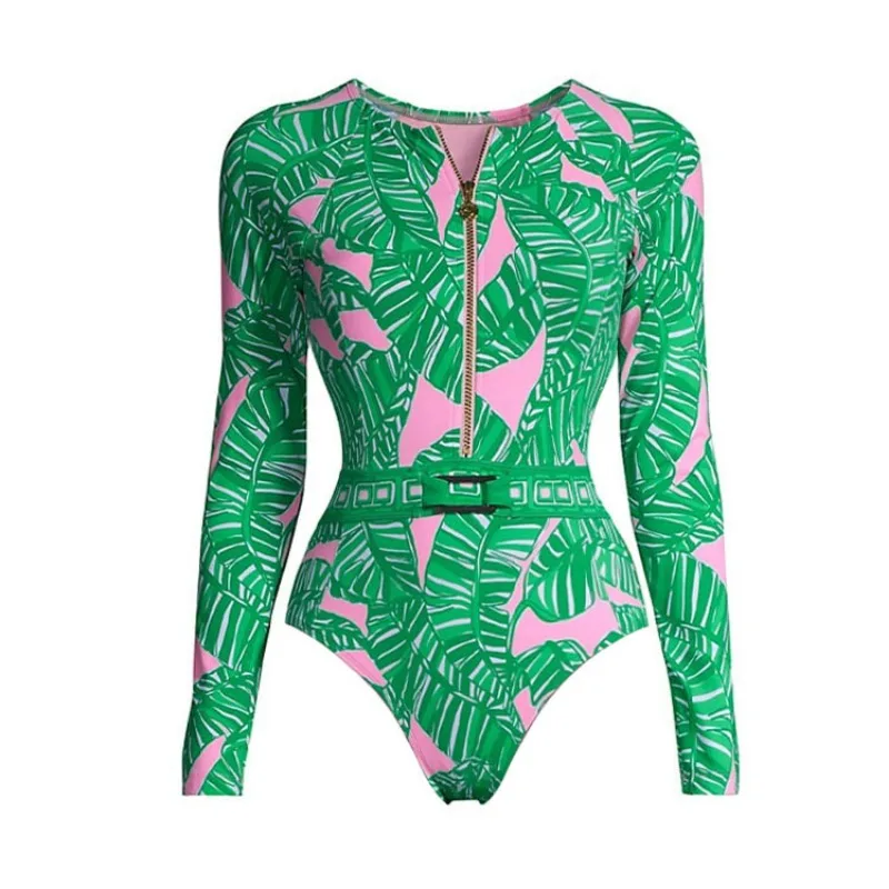 Een stuk badpak en rok voor surfen, Shell Print Decor, lange mouwen, clearance groothandel bodysuit