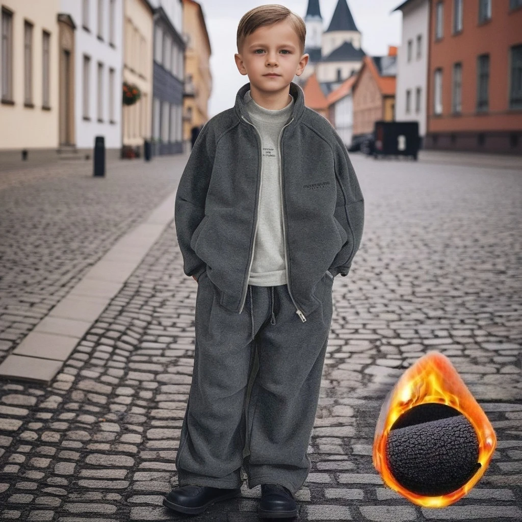 

Boys Fleece Set Kids Stand Collar Zipper 2pcs Outfit Trendy Casual Tracksuit for Teen Boys Autumn Winter Warm Grey Sportswear