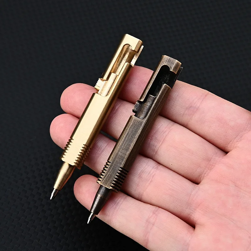 Brass Quick Release Writing Pen Cylindrical Bolt Ballpoint Pen Mini Keychain Business Signature Stationery Gift Pen EDC Tool