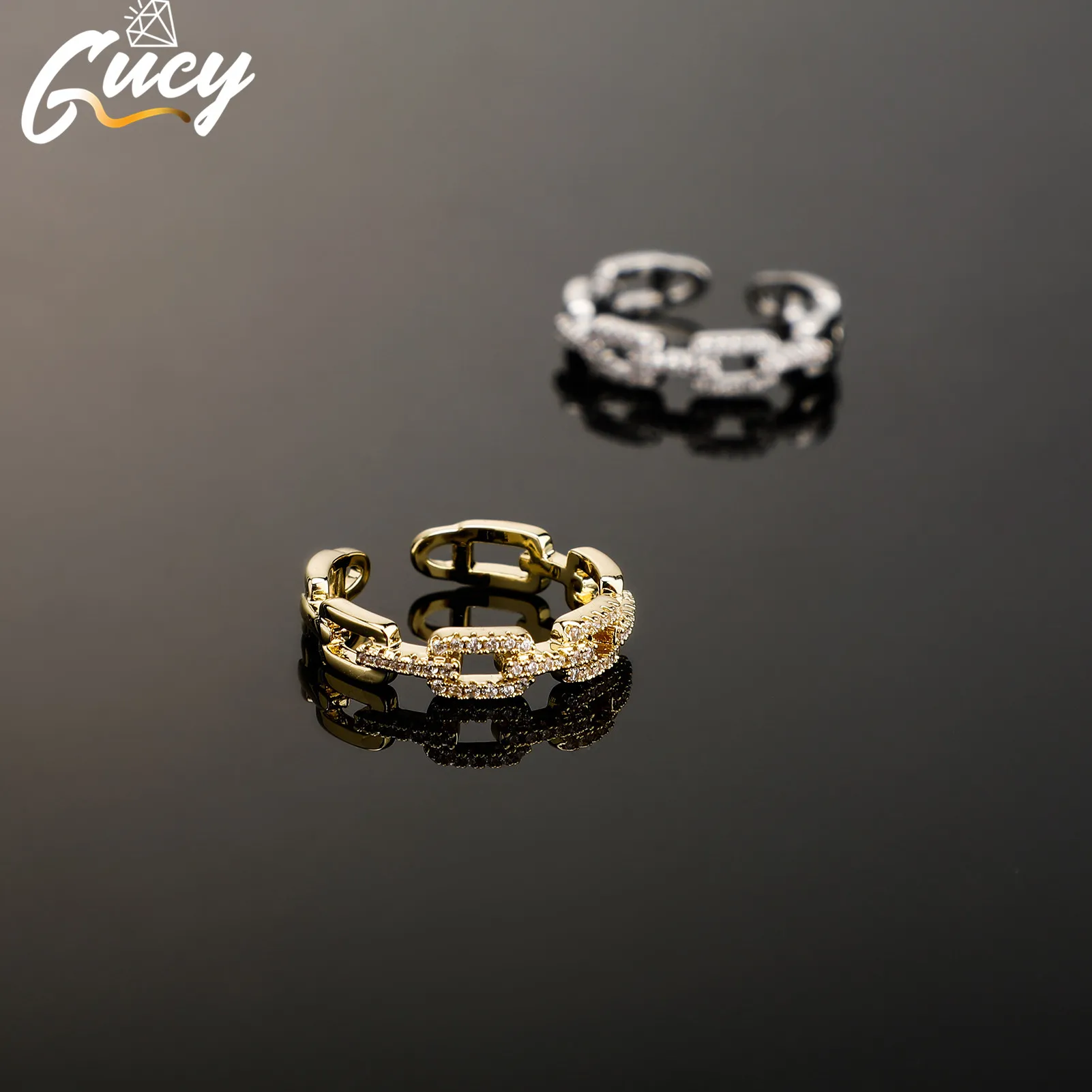 GUCY New Fashion Chain Ring Full of Zircon Opening Ring Adjustable Female Index Finger Ring Friend Gift