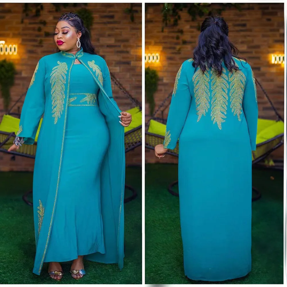 Robe africaine grande taille pour femmes musulmanes, ensemble 2 pièces, devant et dos, perceuse Murcia, col montant, Turquie, arabe, Dubaï, Abaya