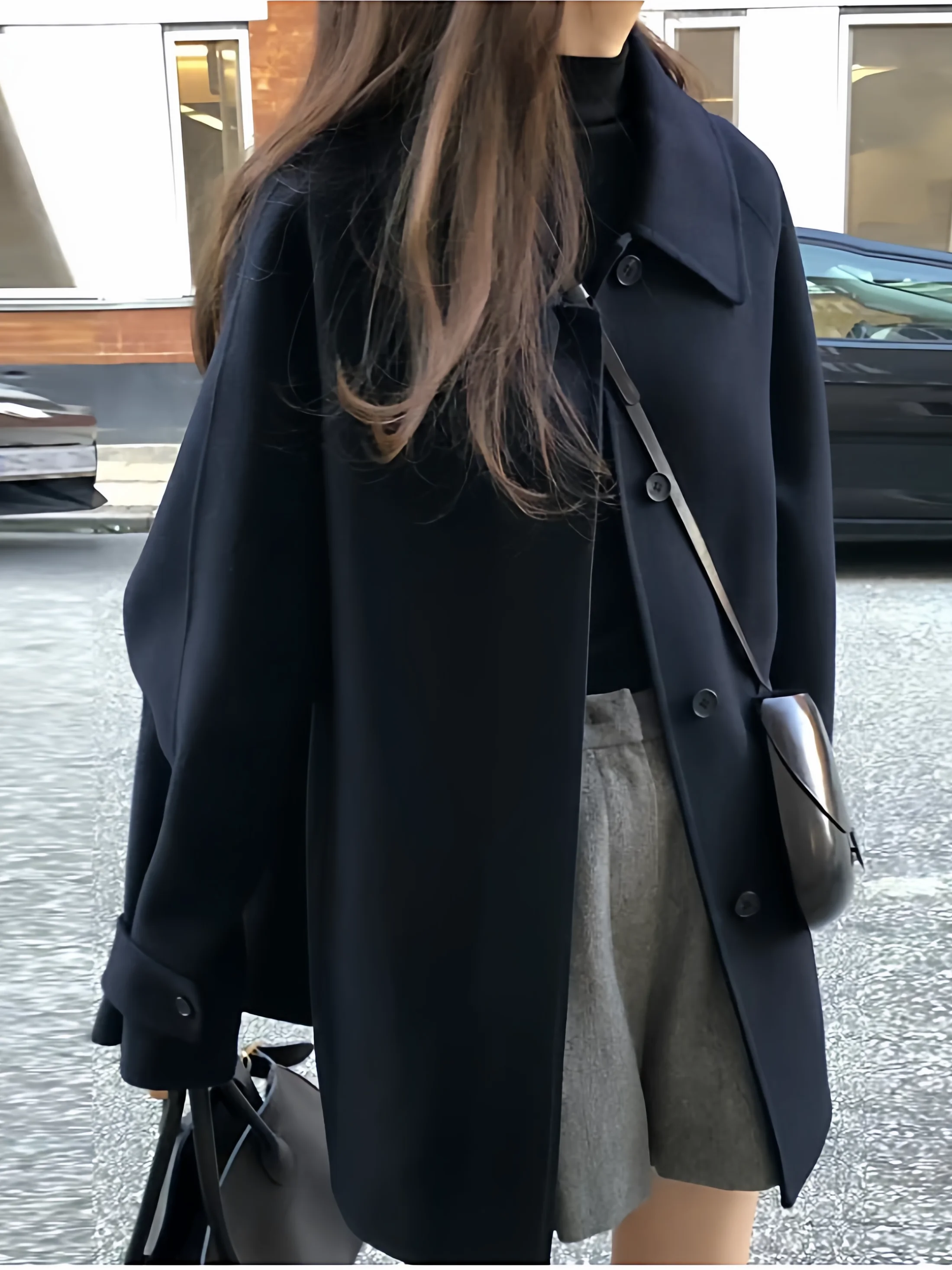 

Bla Woolen Coat Women's Autumn Winter Loose Medium Length Top Button Sle Korean Version Commute Element Pure Color