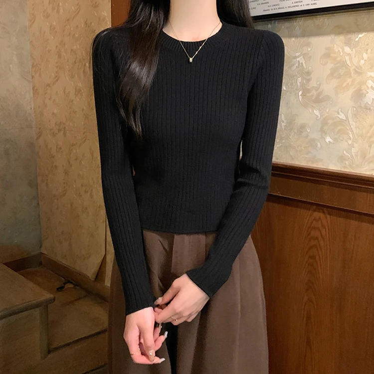 Slim Fit Long Sleeve round Neck Knitted Sweater Women Early Autumn Basic Tee Base Layer Top Casual Style Knitted Stripe Pattern