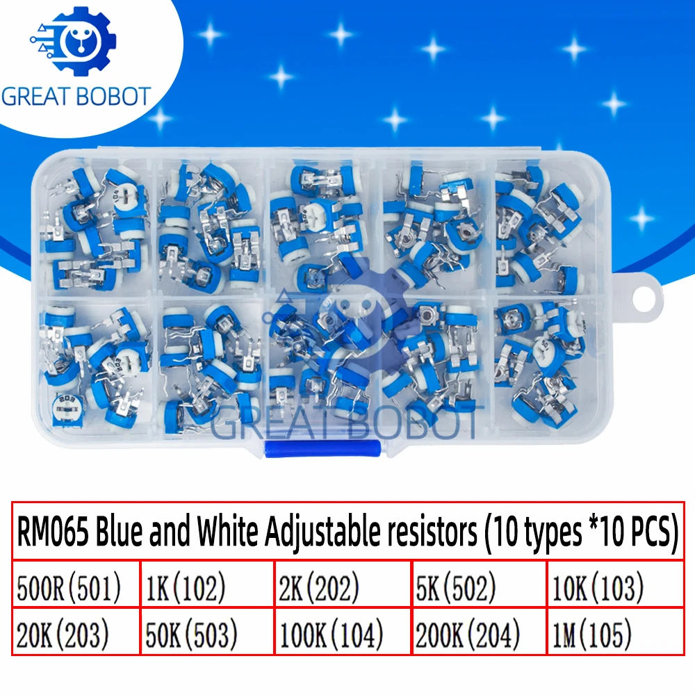 RM065 Vertical Mount Multiturn Trimmer Kit (10 Values): 500Ω to 1MΩ ±10% Tolerance Pre-Sorted in Storage Box