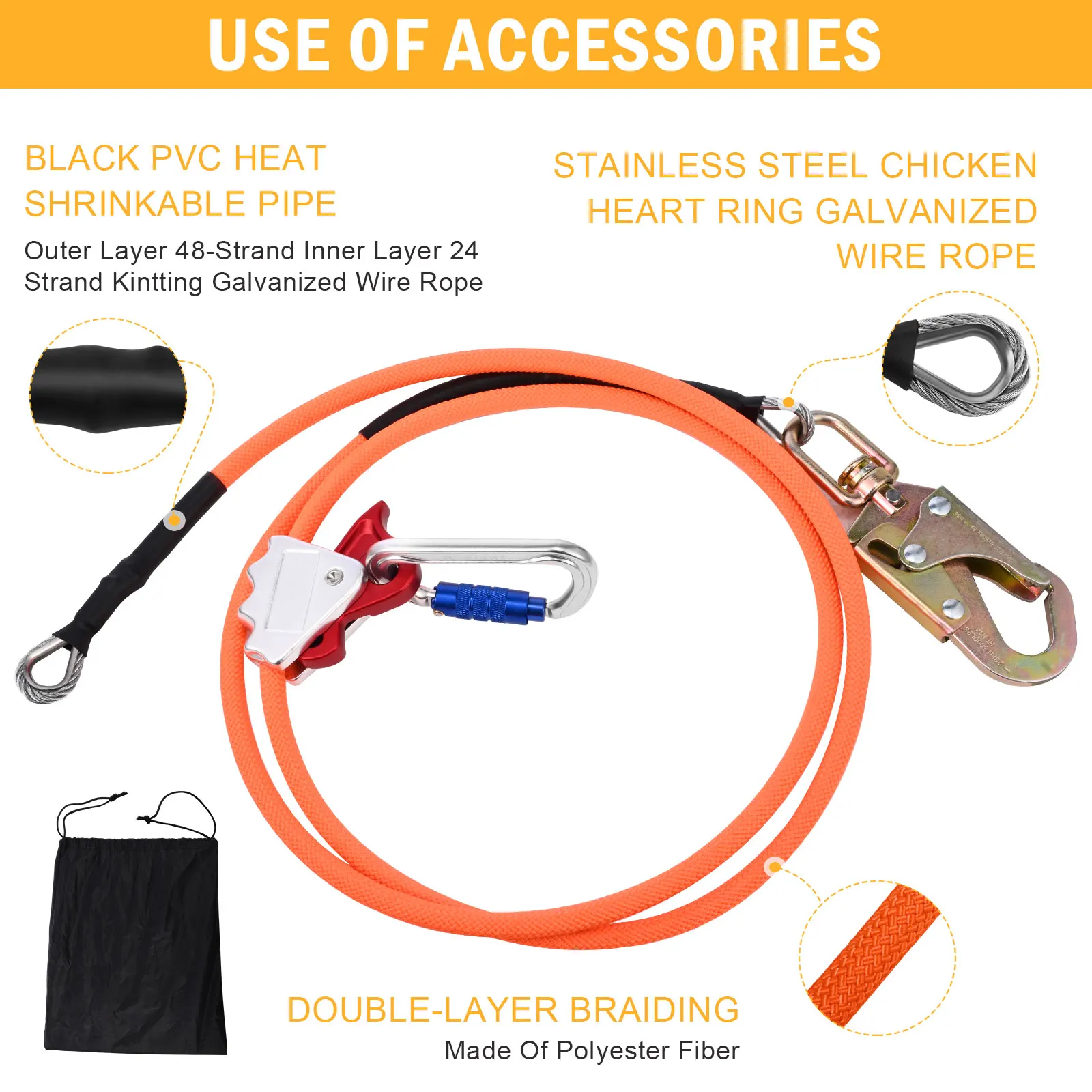 Outdoor Wire-Core Flip Line Kit with Triple Lock Carabiner, Adjustable Lanyard, Low Stretch for Fall Safeguard, Tree Inspection