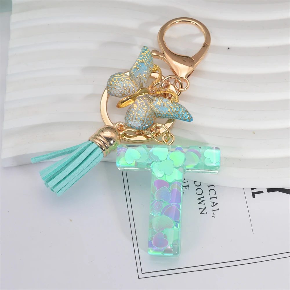 Fashion Green Tassel Butterfly 26Letter Keychain Heart-shaped Sequin Filled Resin Alphabet Keyring for Women Car Handbag Pendant