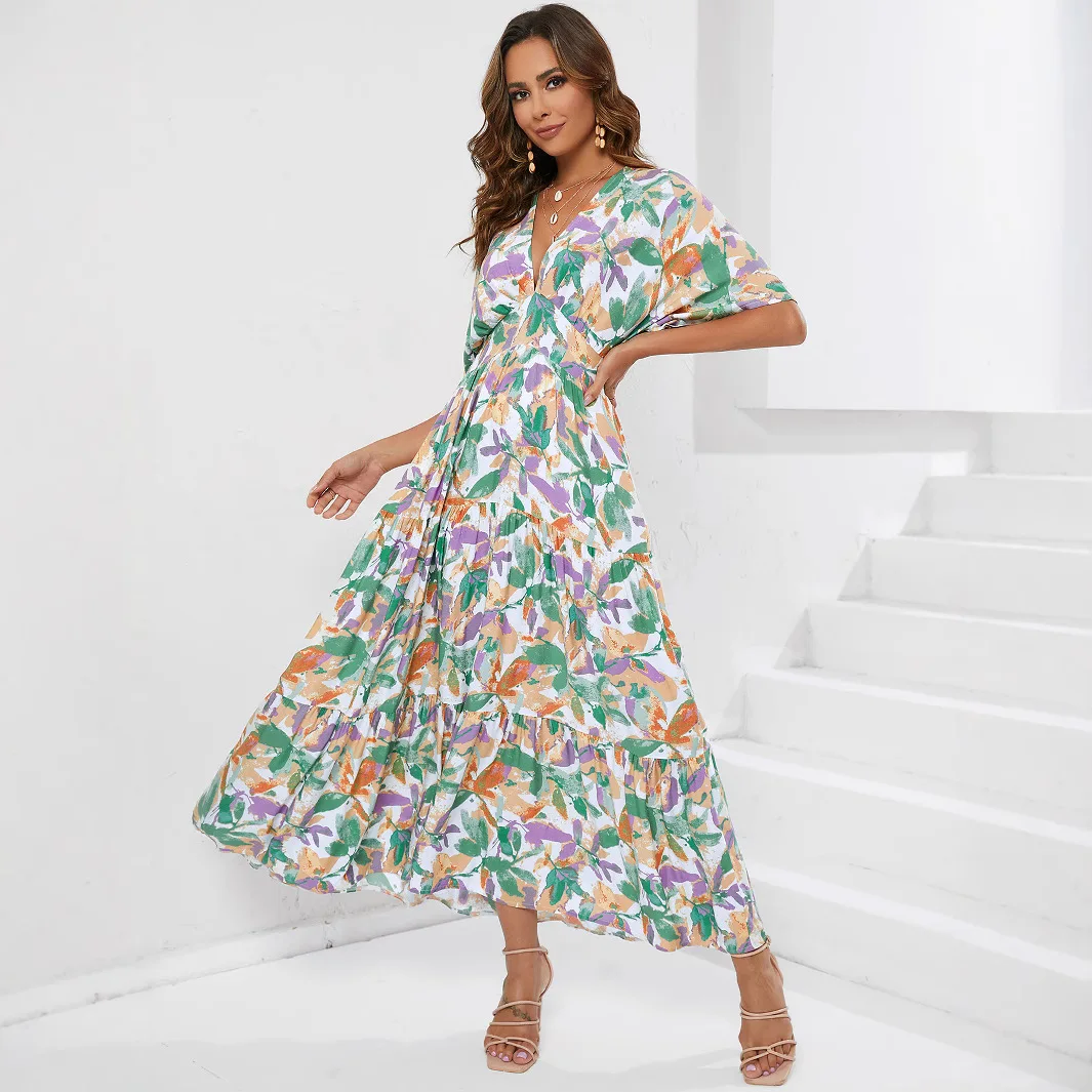 Impresso manga morcego com decote em v cintura em camadas vestido 2025 verão impresso casual moda feminina vestido longo confortável diariamente