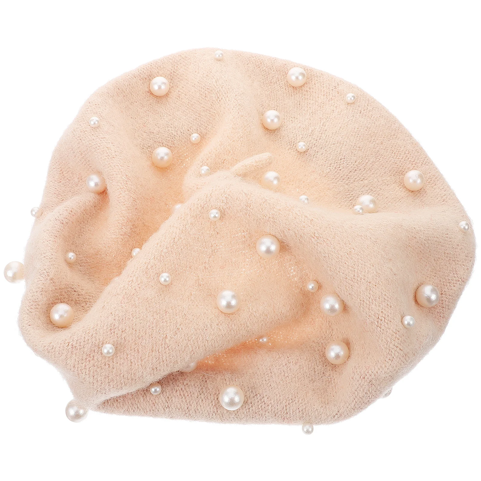 

Luxury Pearl Beret Women One Size Heavy Knit Winter Hat Trendy Beaded Rivet Wool Beanie for Casual Style Beige