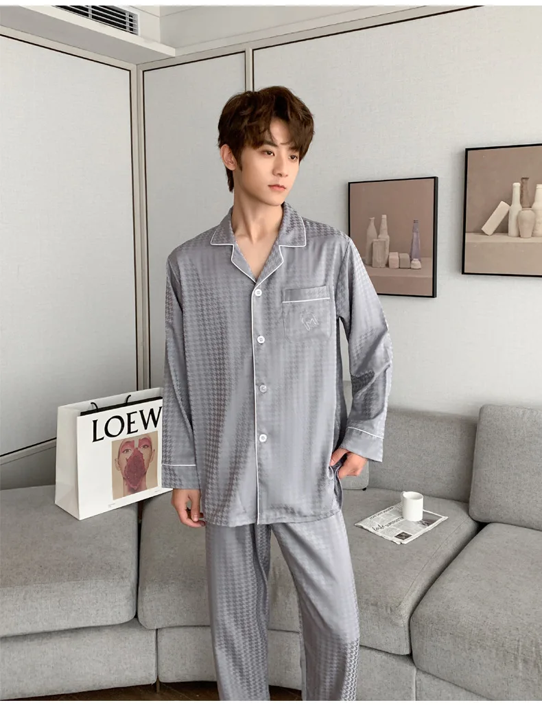 Houndstooth Men Shirt Pants Pajamas Suit Sleep Wear Nightwear Ice Silk Home Clothes Loose Loungewear Lapel Homewear Sleepwear