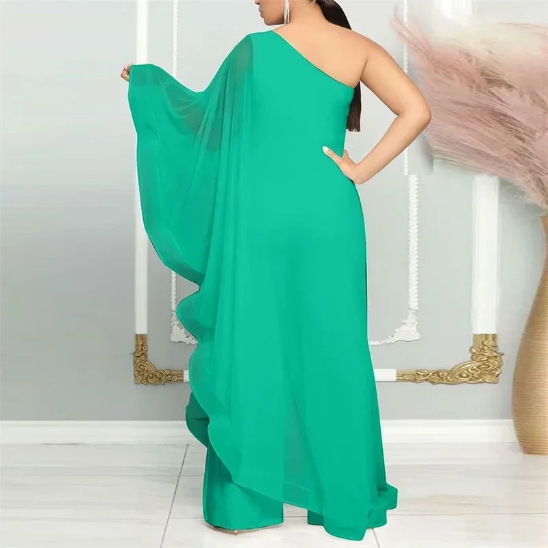 Elegant Chiffon One Shoulder Wide Leg Jumpsuit Women Night Party Birthday Outfits One Piece Romper Overalls Combinaison Femme