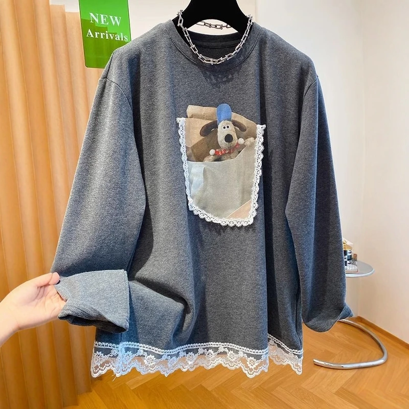 plus Size 300 Pounds Lace Splicing Long Sleeve T-Shirt Unisex Spring Autumn Korean Version round Neck Casual Style Top