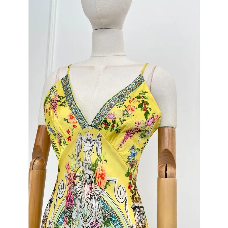 Vestido midi com cintura cortada e halter para férias, novo vestido de seda amarelo com estampa floral sem mangas de alta qualidade