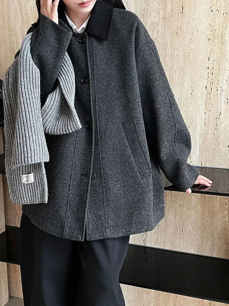 Tlxt elegante feminino lã trench lapela único breasted contraste cor emendado manga longa grosso quente jaquetas feminino inverno novo