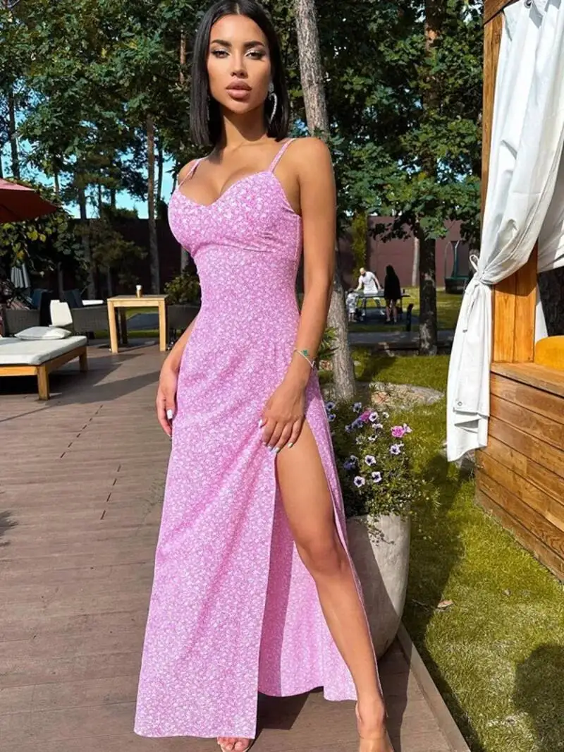 Abito lungo sexy diviso da donna Abito da festa senza maniche stampato floreale Abito da club con zip per spaghetti Abiti eleganti Estate 2SMS