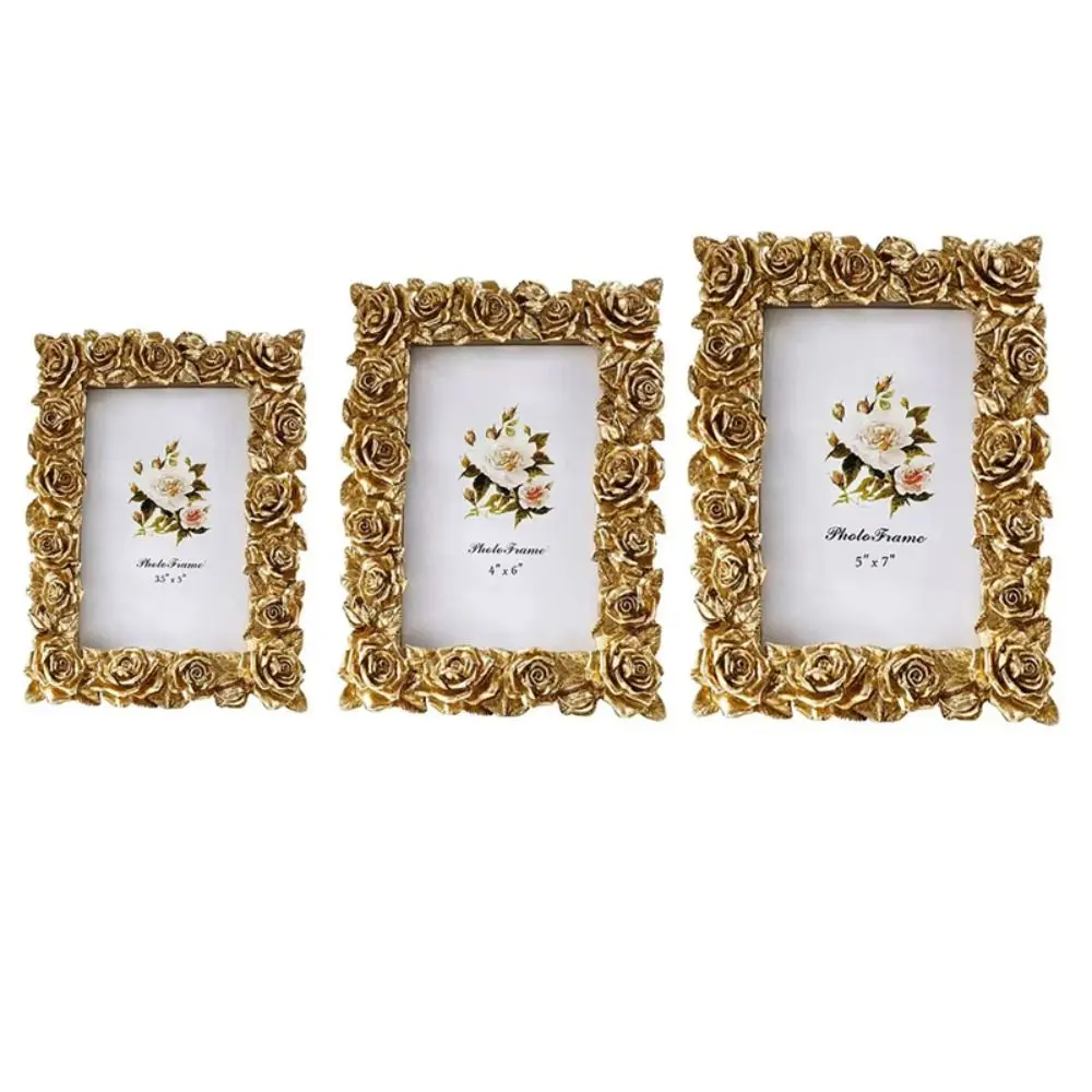 

Resin Rose Edged Picture Frame Rectangular 5/6/7 Inch Retro Gold Photo Frame Romantic European Style Photo Props Frame Ornaments