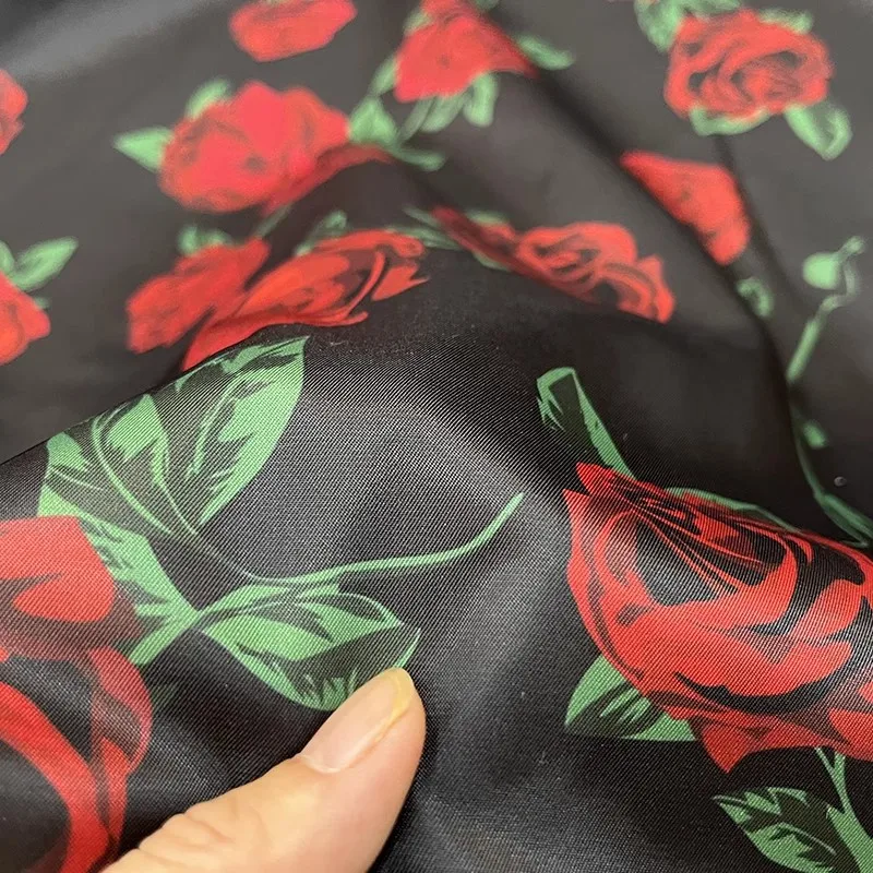 Europe And America Fashion Black Base Red Rose Flower Printed Polyester Fabric For Women Dress Blouse Handmade DIY Cloth Sewing