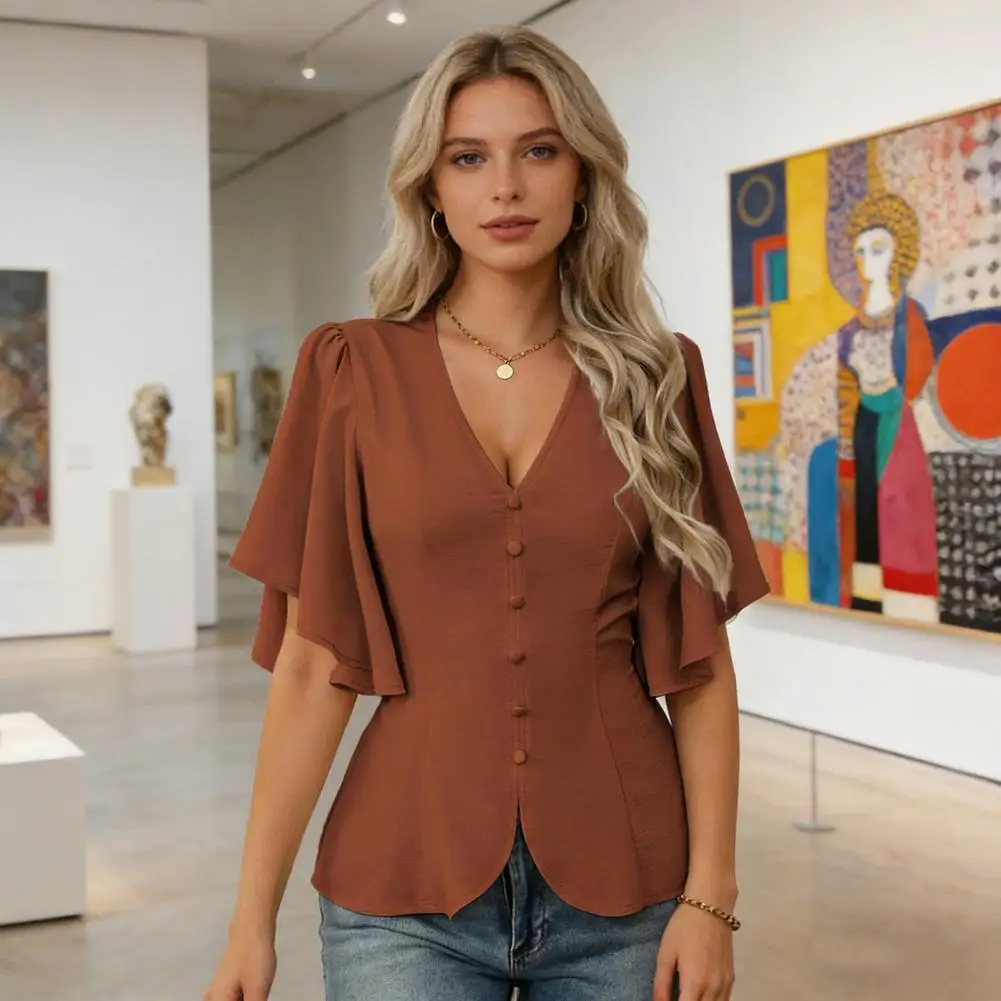 

Pure Color Women Tops V Neck Flying Short Sleeve Single Breasted Shirt Soft Stretchy Waist Design Casual Blouse Office Wear