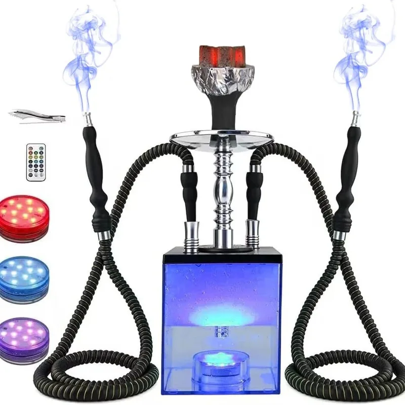 2 Hose Acrylic Cube Hookah Square Hookah Light Emitting Diode Acrylic Base