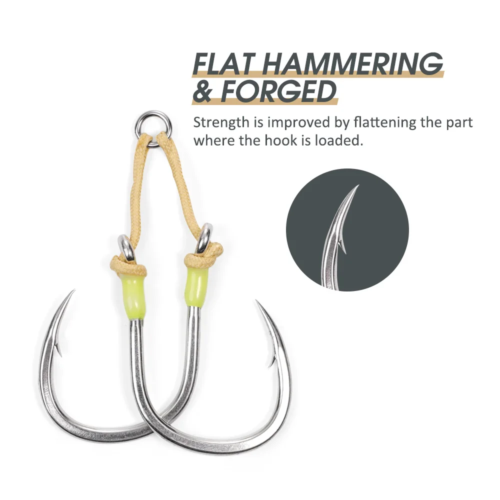 Noeby Heavy Duty Twin Assist Hook, Kevlar Line Forged Metal Jigs Hook, Super Needle Point, Sharp High Strength Sea Fishing Hooks