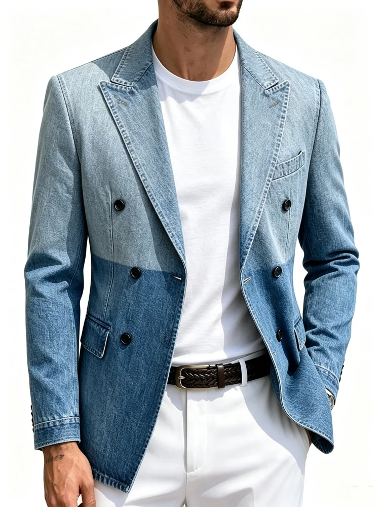 Mens Slim Fit Gradient Two Tone Color Block Imitation Denim Blazer Men Double Breasted Casual Business Wedding Suit Jacket