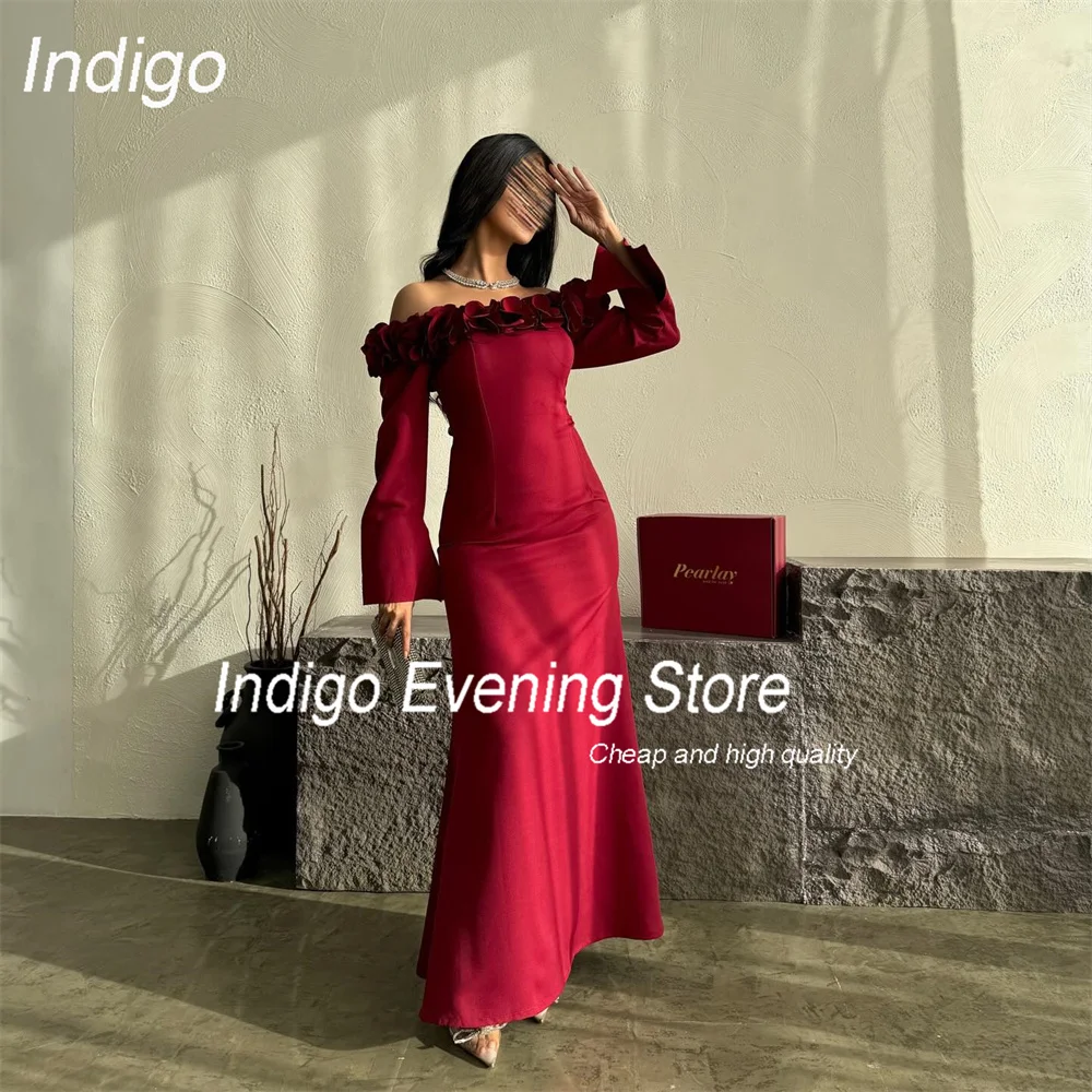 Indigo elegante vestido de noche de sirena de manga larga 2025, flores con hombros descubiertos, vestido de fiesta sin espalda, vestido de fiesta para graduación, personalizado