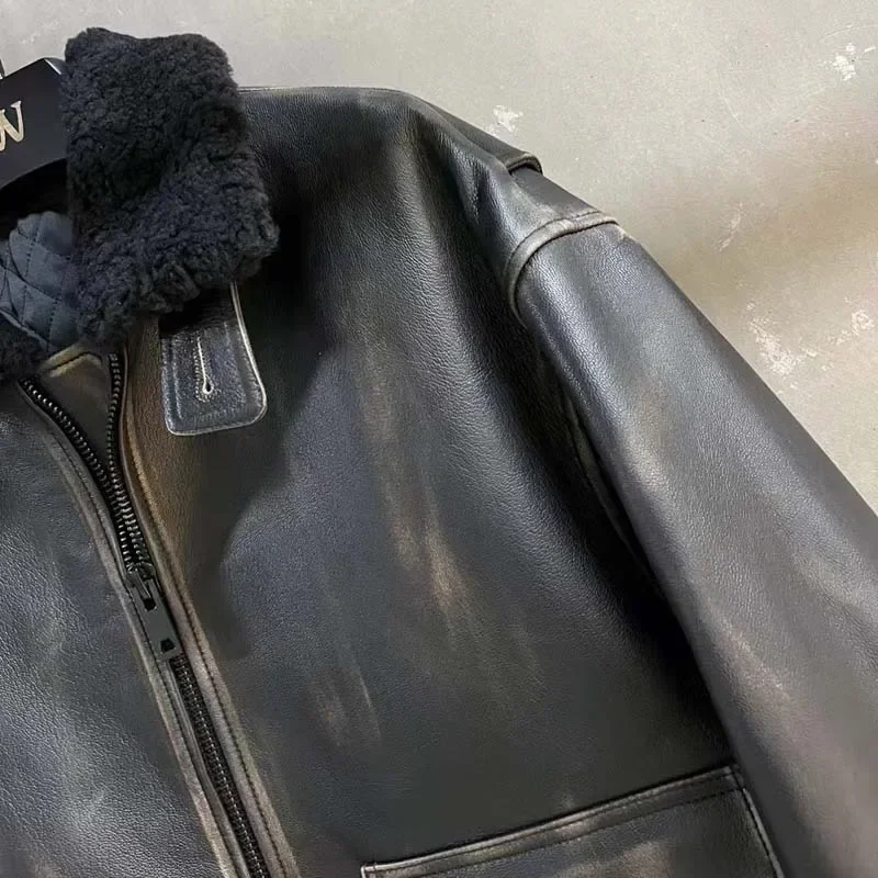 Women's Thick Warm Genuine Leather Jacket with Natural Real Wool Collar Aging Process Winter Coat Stylish 2025 New Arrival