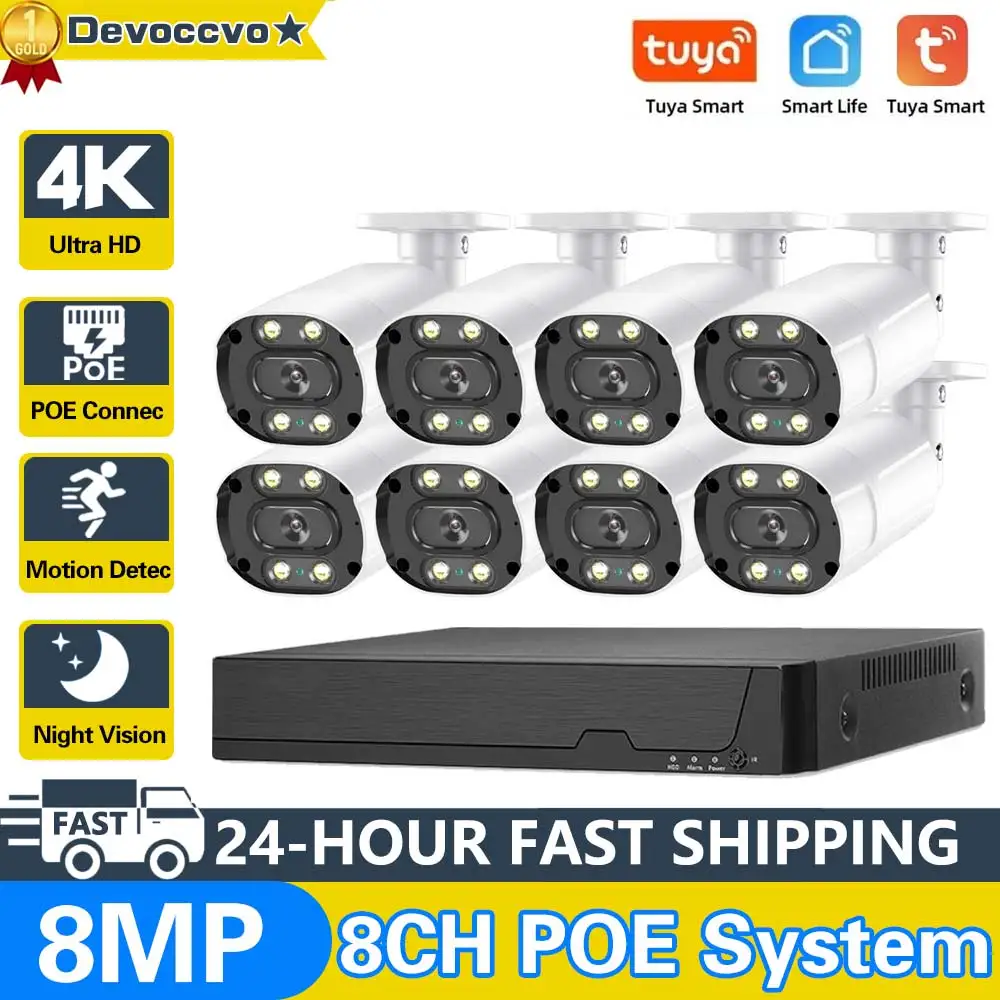 

Tuya HD 4K 8CH POE NVR Security Camera System Outdoor Audio 8MP CCTV IP Bullet Camera video Surveillance System 4CH POE NVR Kit