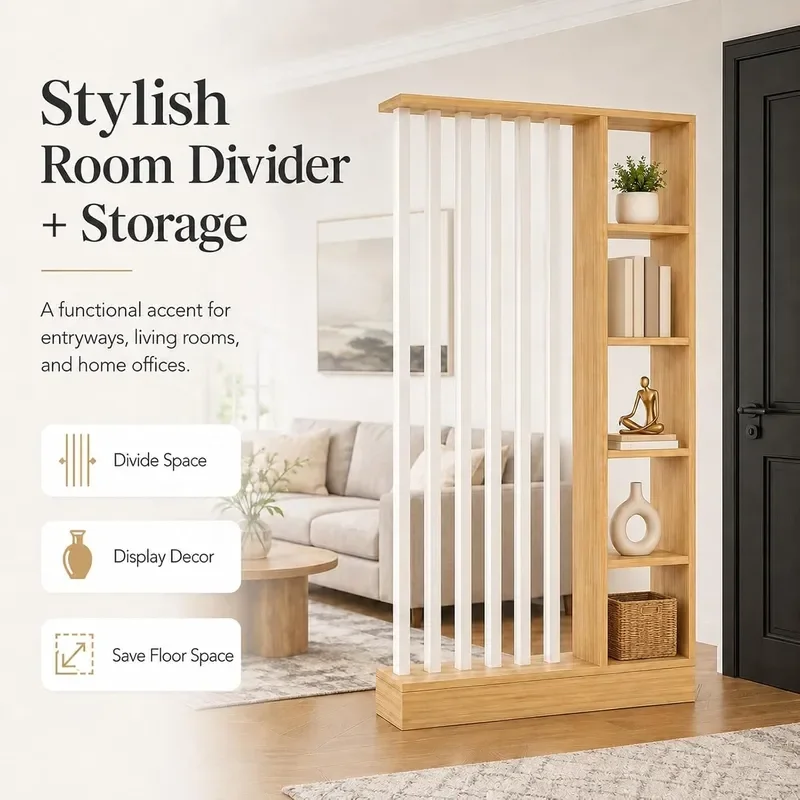Room Divider with Storage Shelves Floor to Ceiling Wood Partition Wall
