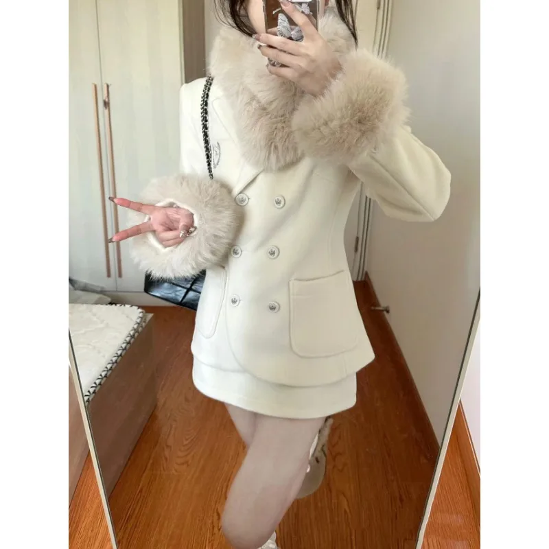 

UNXX Winter Retro Casual Plush Neck Woolen Coat Skirt Suits Solid Color Waist Pulling Woolen Coat Mini Skirt Two Piece Set Women