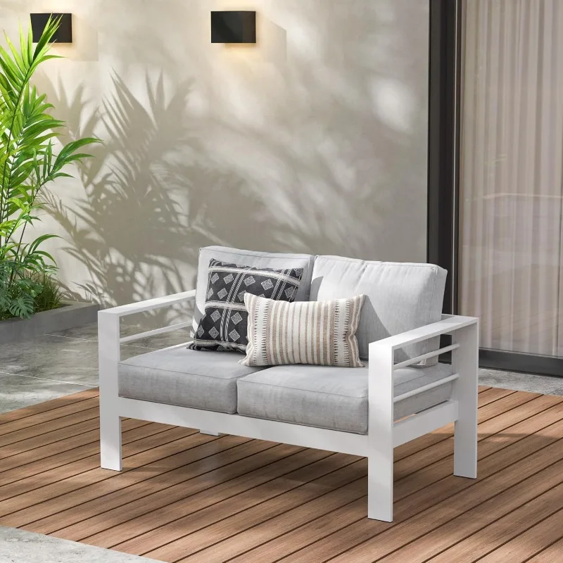 Patio Furniture Aluminum Loveseat, All-Weather Outdoor 2 Seats Sofa Couch, White Metal Chair with Light Grey Cushions