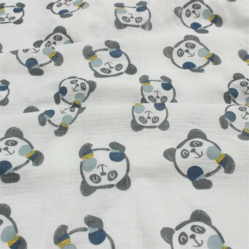 Cartoo Panda Printed Cotton Crepe Fabric By Meters DIY Sewing Quilting Clothes Pajamas Soft Double Gauze Seersucker Fabric