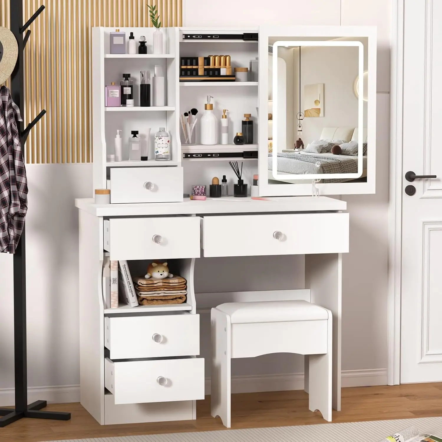 Vanity Desk With Led Lighted Mirror&Power Outlet, 3 Lighting Colors Makeup Vanity Desk With 5 Large Drawers And 3 Open Storage