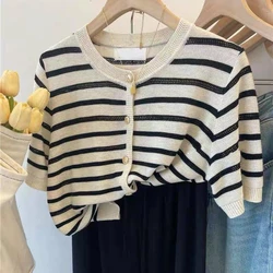 2025 New Thin Cashmere Cardigan hollow out short sleeve  women sweater Spring and summer striped Cashmere short sleeve Cardigan