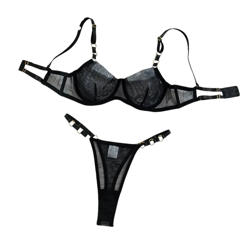 KUCLUT Out Ultrathin Transparent Intimates Sets For Women Sexy Black Underwear Panties Small Push Up Gather Ladies Lingerie