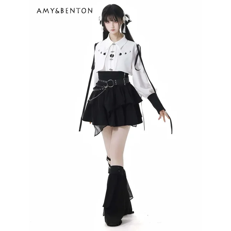 25COSSweet فتاة باردة الصليب الدانتيل يصل قميص سليم الصناعة الثقيلة الرجعية المطبوعة حزام غير النظامية تنورة قطعتين مجموعة النساء ثقافة فرعية